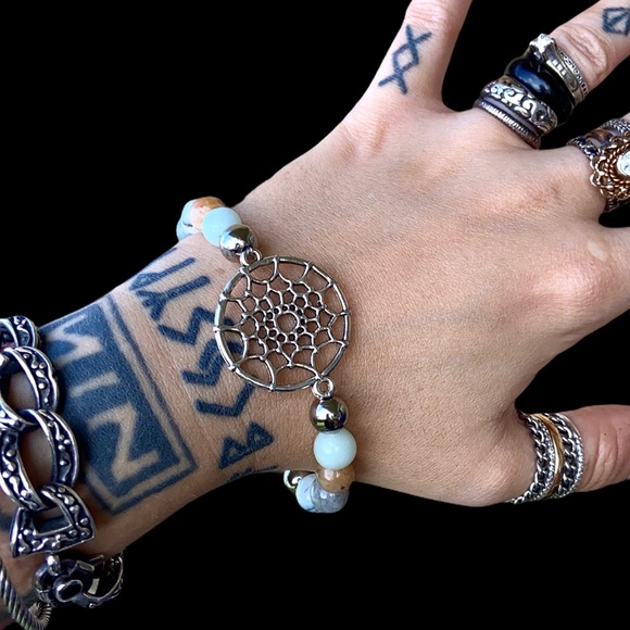 Amazonite gem beads silver dream catcher bracelet - Picture 10 of 11
